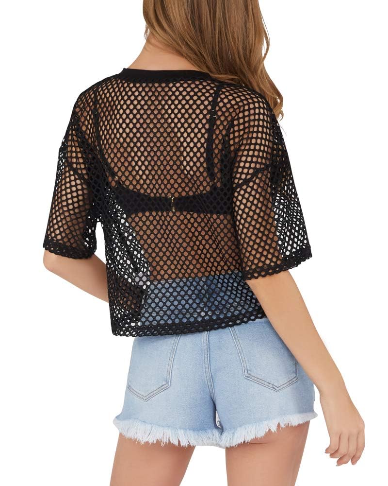 CLOZOZ Women's Mesh Crop Top See Through Fishnet Shirt Short Sleeve Crew Neck Sheer Cover Up - Image 2
